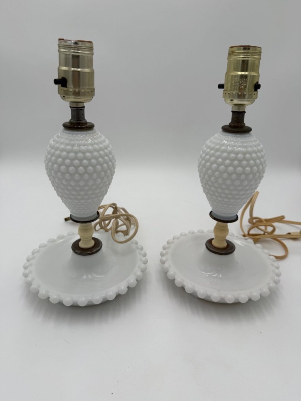 Vintage White Hobnail Milk Glass Table Lamps Pair 11" MCM Boudoir Lights